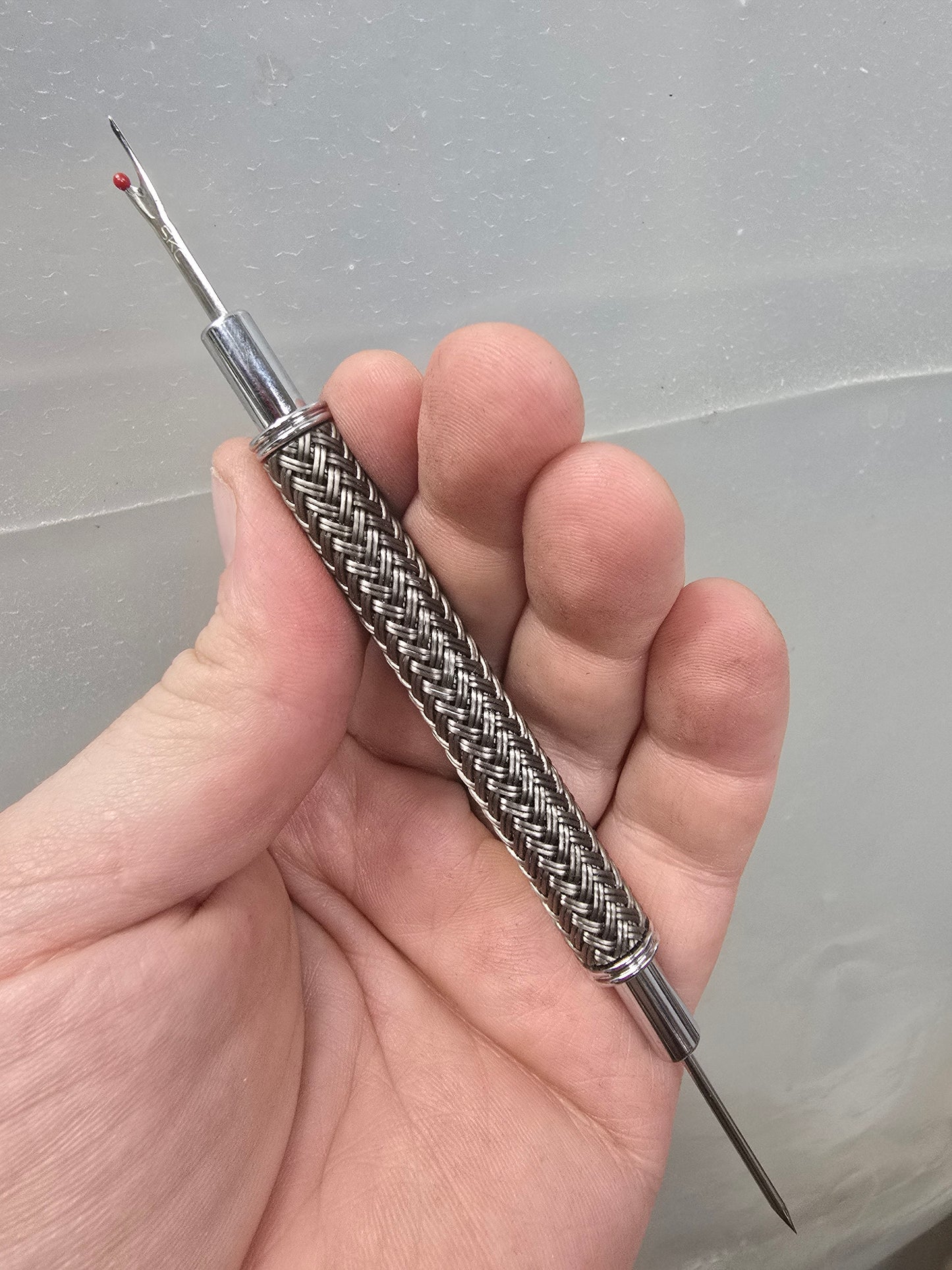 braided polymer sewing seam ripper and stiletto combo tool
